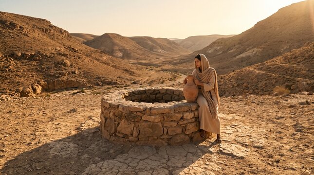 The Samaritan woman holding a clay jar sits by an ancient stone well in a dry desert canyon, representing the New Testament biblical scene of the Samaritan Woman at the well.