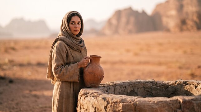 The Samaritan woman stands next to an ancient stone well holding a clay jar in a rocky desert canyon, representing the New Testament biblical scene of the Samaritan Woman at the well.