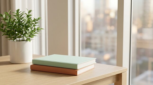 Two blank hardcover books stacked on a wooden table next to a potted plant in front of a bright window with a blurred city view