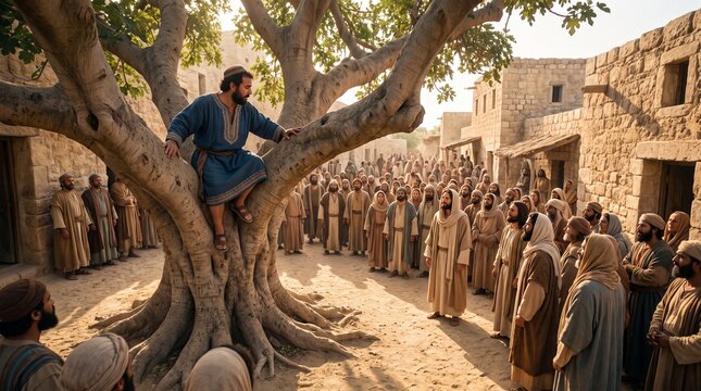 Zacchaeus sits in a massive sycamore tree looking down at Jesus Christ and a large crowd on a dusty street, representing the New Testament biblical scene of Jesus and Zacchaeus.