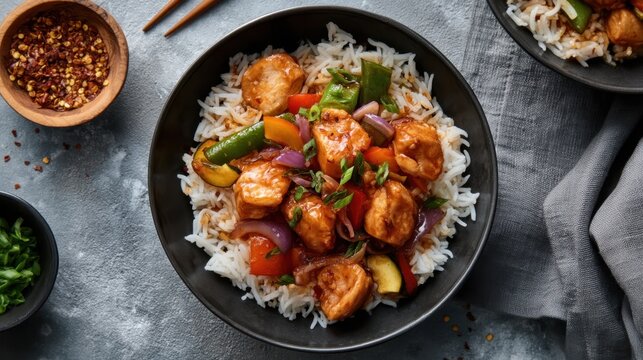Firecracker chicken with mixed peppers and white rice in bowl for spicy dinner background and recipe banner