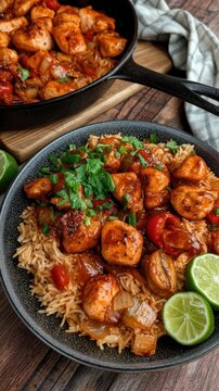 Firecracker chicken with rice bowl with lime and cilantro served from skillet for recipe layout and menu illustration background
