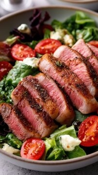 Tender sliced steak with blue cheese and mixed greens salad in bowl for one, high detail food image for menu and recipe presentation