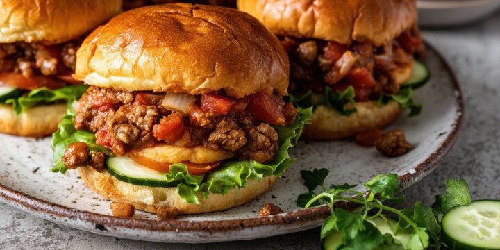 Trio of vegetarian sloppy joes on brioche buns with lettuce and cucumber garnish for catering menu, recipe, food poster and background design