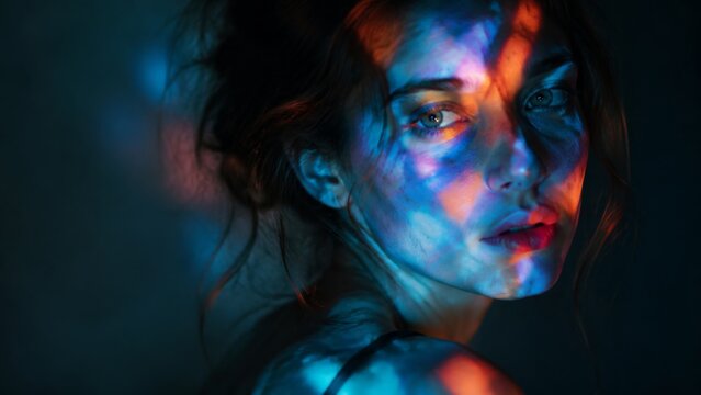 Dramatic portrait showing blue and orange light reflections across a woman's face in a dark environment, emphasizing textures and colors