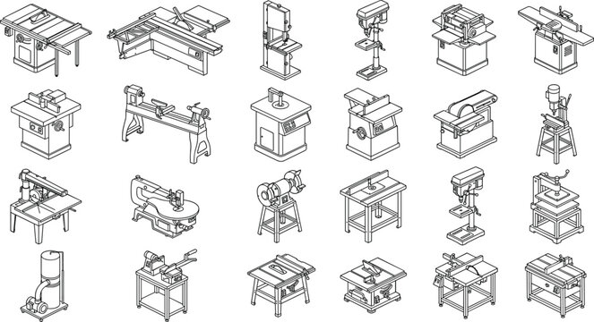 Woodworking Machinery Outline Vector Collection with Workshop Power Tools and Industrial Equipment