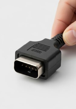 Close-up of a hand holding a black OBD-II diagnostic connector for automotive vehicle data access