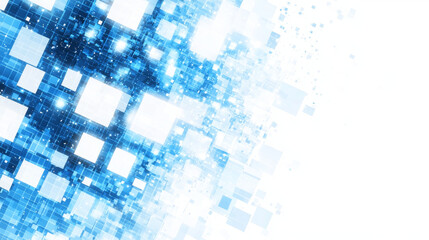Fototapeta premium Bright blue glowing squares and grid lines digitally dissolving into a clear white background, creating an abstract dynamic pattern