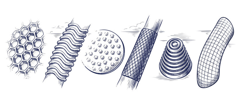 Tactile texture pattern engraving sketches of honeycomb, ribbed, dotted, knurled, ridged and gridded surface materials for industrial design and educational science concepts.