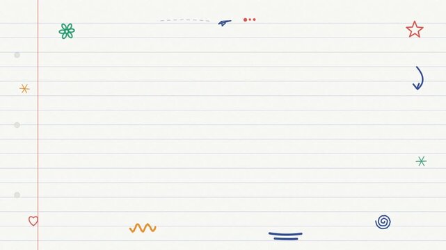 Ruled notebook paper with a red margin, ink doodles and a paper plane gliding across, seamless looping background with copy space