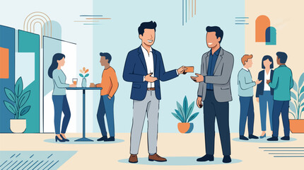 Obraz premium Flat design illustration of business professionals networking and exchanging cards