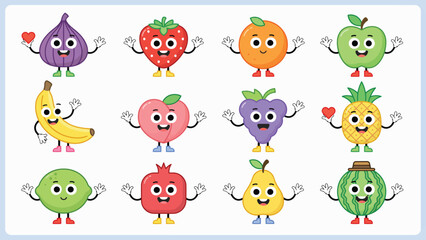 Obraz premium Cute cartoon fruit character mega collection set flat vector illustration with strawberry orange apple and watermelon