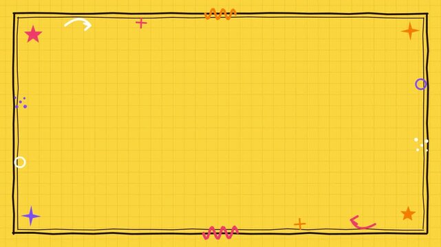 Yellow notebook grid background with a hand drawn doodle frame, stars and arrows moving gently, seamless loop with blank copy space for text
