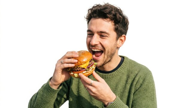 Happy young man eating a big delicious beef burger with his hands isolated against a clean white studio background