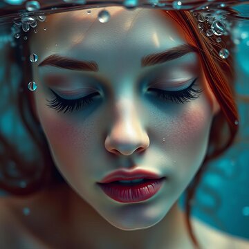 Submerged beauty with closed eyes, water droplets on skin, underwater photography, submerged