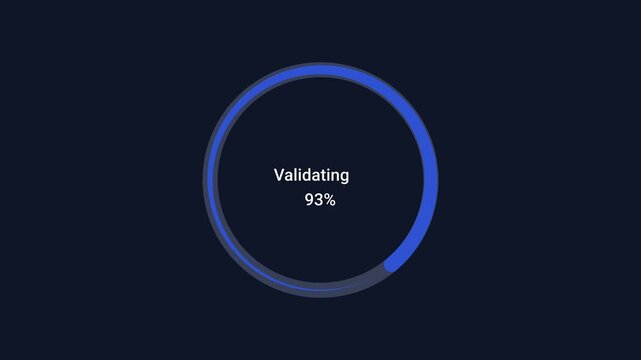 Minimal animated circular progress ring displaying validation status and percentage on a dark background. Modern motion graphic for verification, data validation, quality checks, and technology interf