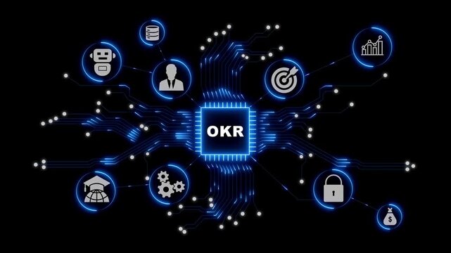 Objectives and Key Results Concept Featuring Digital Performance Icons Across a Blue Connected Technology Background Design