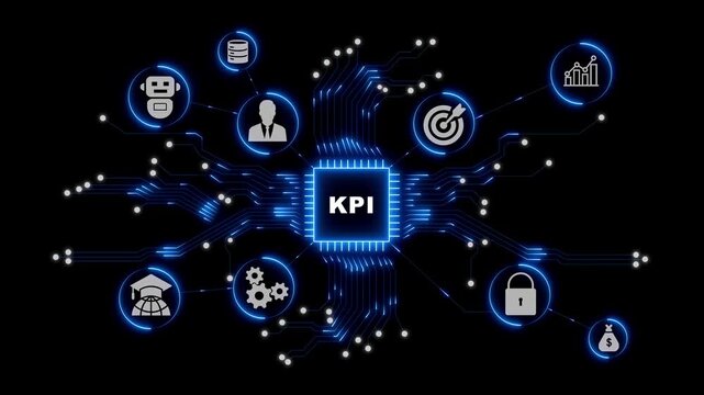 Key Performance Indicator Dashboard with Blue Digital Network Elements and Modern Business Technology Icons on a Dark Background