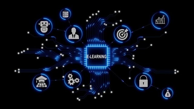Learning Concept Featuring Blue Digital Technology Icons and Connected Network Elements on a Dark Futuristic Background Design