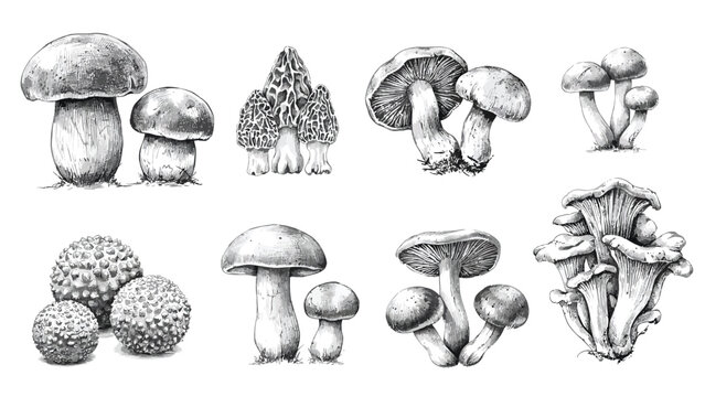 Hand drawn vintage mushrooms sketch collection set with morel puffball and chanterelle vector illustration
