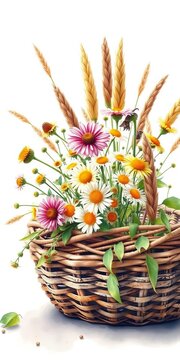 Delicate strawflower bouquet in a rustic basket watercolor illustration, floral, background
