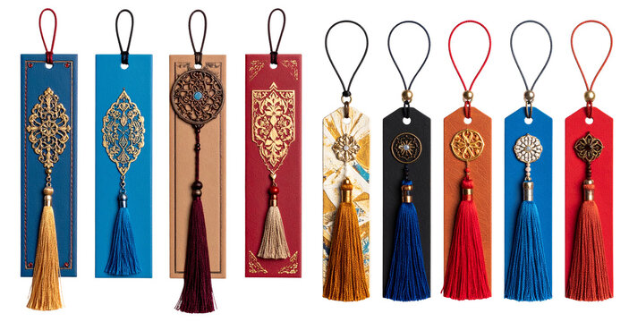 Bookmarks. Decorative. Colorful tassels and ornate designs.