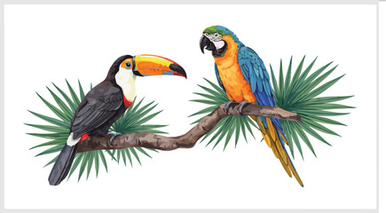 Realistic tropical birds toucan and macaw parrot on palm branch vector illustration © SOHAG