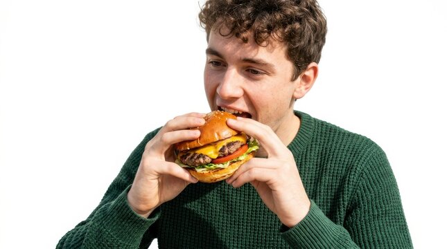 Young man eating a delicious fresh cheeseburger with both hands feeling hungry and happy for a quick lunch meal break