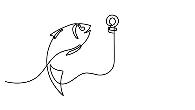 Animated self drawing of Continuous single line drawing of a fish and a fishing hook isolated on a white background. Full length one line animation. 4K video