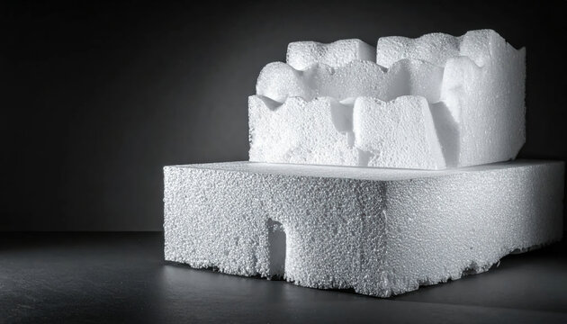 Layered geometric styrofoam abstract form with textured surfaces against a dark studio background