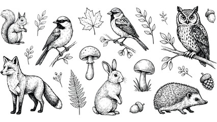 Vintage autumn forest wildlife sketch collection set with fox rabbit owl and hedgehog engraving vector illustration © SOHAG
