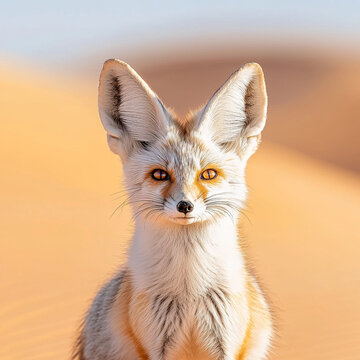 Close-up of a desert fox with prominent large ears and intense amber eyes, set against a soft, blurred sandy dune background
