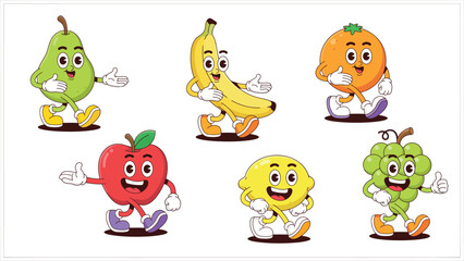 Obraz premium Vintage retro cartoon fruit characters collection set with pear banana orange apple lemon and grapes vector illustration