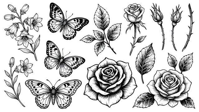 Vintage rose flowers and butterflies engraving sketch vector illustration collection set