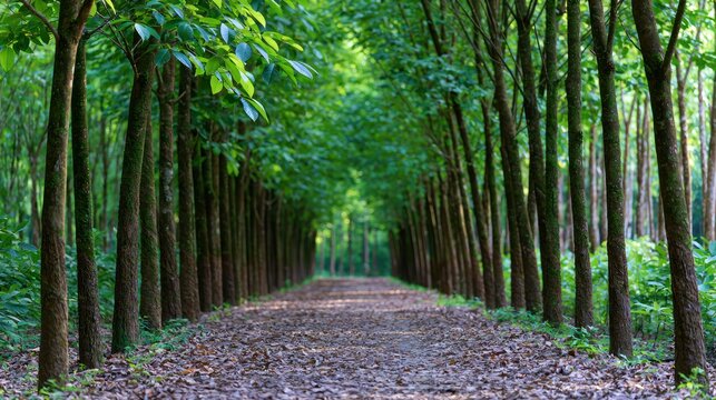Lush tree-lined pathway creates a serene, verdant tunnel, evoking calm and inviting exploration