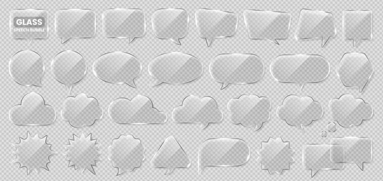 3d transparent glass comic speech bubble, chat box and geometric pattern social media message balloon with rainbow gradient light. Crystal arrow, star and cloud icon. Futuristic plastic mirror frame.