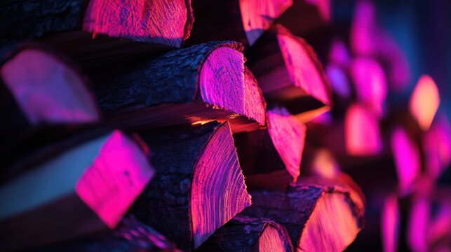Stacked firewood logs with neon lighting. Chopped wood pile glowing in vibrant pink light.