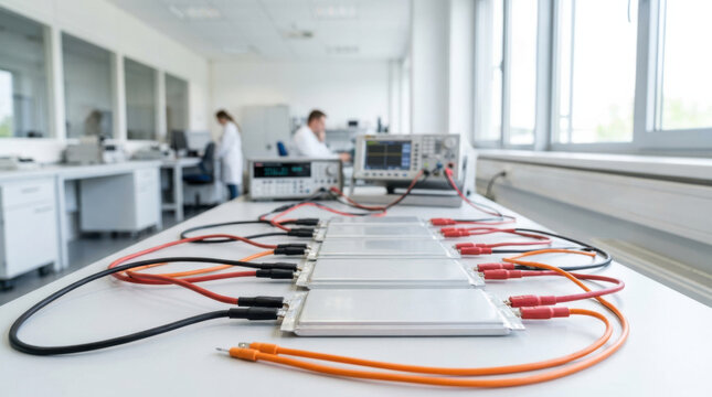 Lithium ion battery cells testing with electronic equipment in laboratory environment for research and development