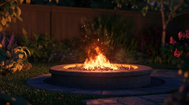 Backyard fire pit glowing at night. Cozy outdoor stone fireplace with warm dancing flames.