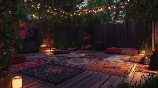 Cozy backyard deck with colorful rugs. Outdoor patio lounge area with warm string lights.
