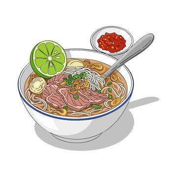Vietnamese beef pho noodle soup with lime and chili sauce vector illustration, traditional bowl of pho hand drawn design
