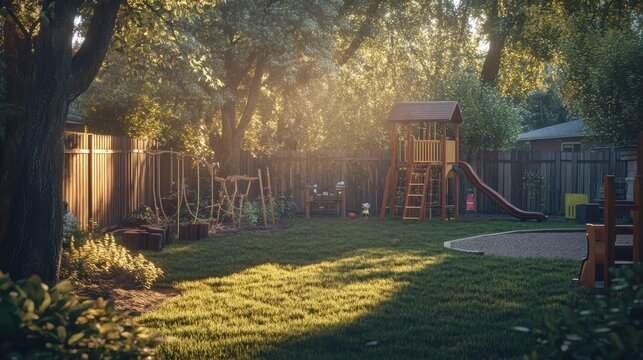 Childrens backyard playground at sunset. Kids wooden play set in a lush green garden.