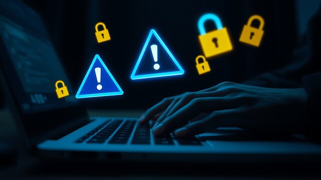 Cyber security warning alerts with digital locks and warning signs image