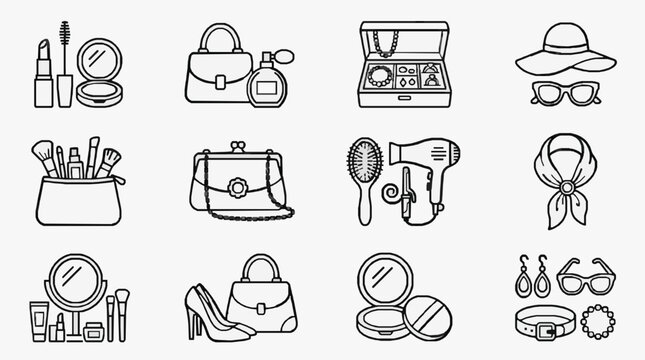Professional Black and White Line Drawing Set of Beauty and Accessory Icons for Fashion Cosmetics and Lifestyle Design