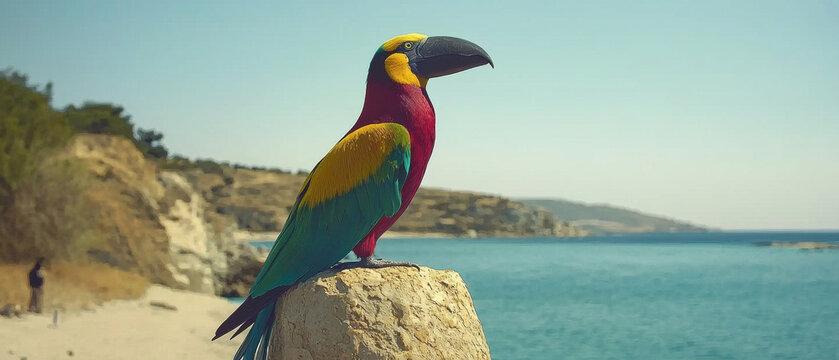 Colorful bird perched on a rock by a sunny beach with cliffs and blue sea under a clear sky