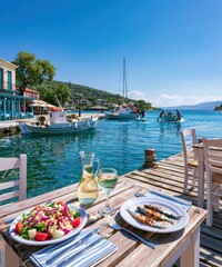 Fototapeta premium Enjoying fresh seafood lunch by the clear blue sea overlooking a traditional greek harbor with fishing boats