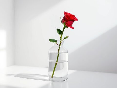A single red rose in a plain glass vase against a clean white surface, ||red, vase