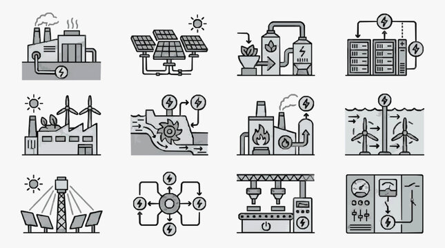 Professional Black and White Line Drawing Illustrations of Various Renewable Energy Systems and Smart Grid Concepts