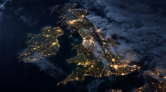 Night View of UK and Ireland from Space with City Lights