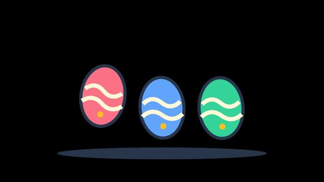 Bouncing Easter eggs 2D animation seamless loop. Colorful decorated cartoon eggs jumping on transparent background. Festive holiday motion graphic overlay